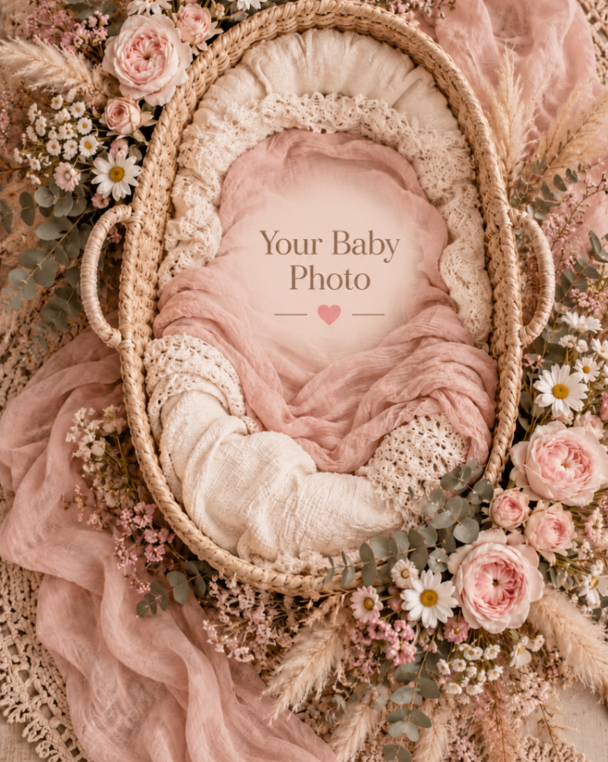 Blush Floral Basket baby portrait template