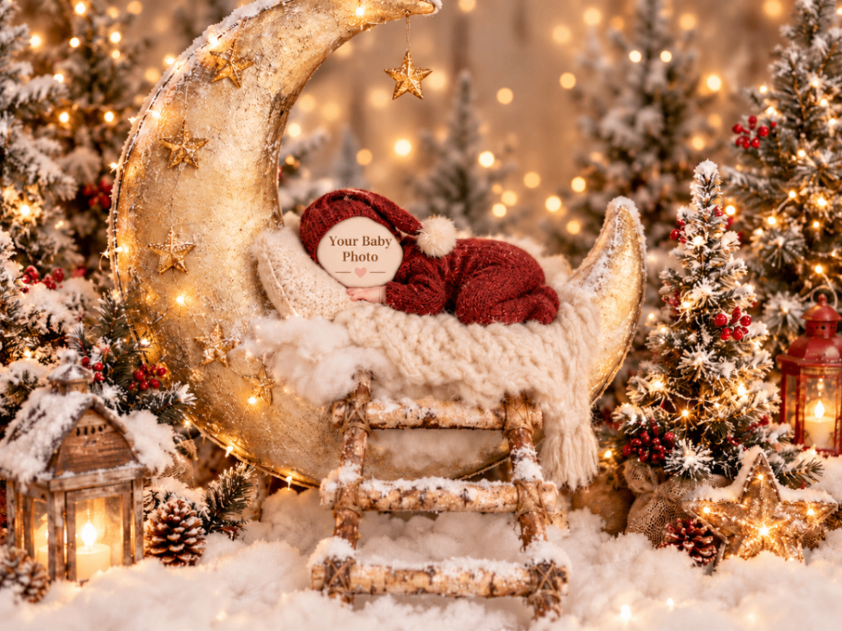 Golden Christmas Moon baby portrait template