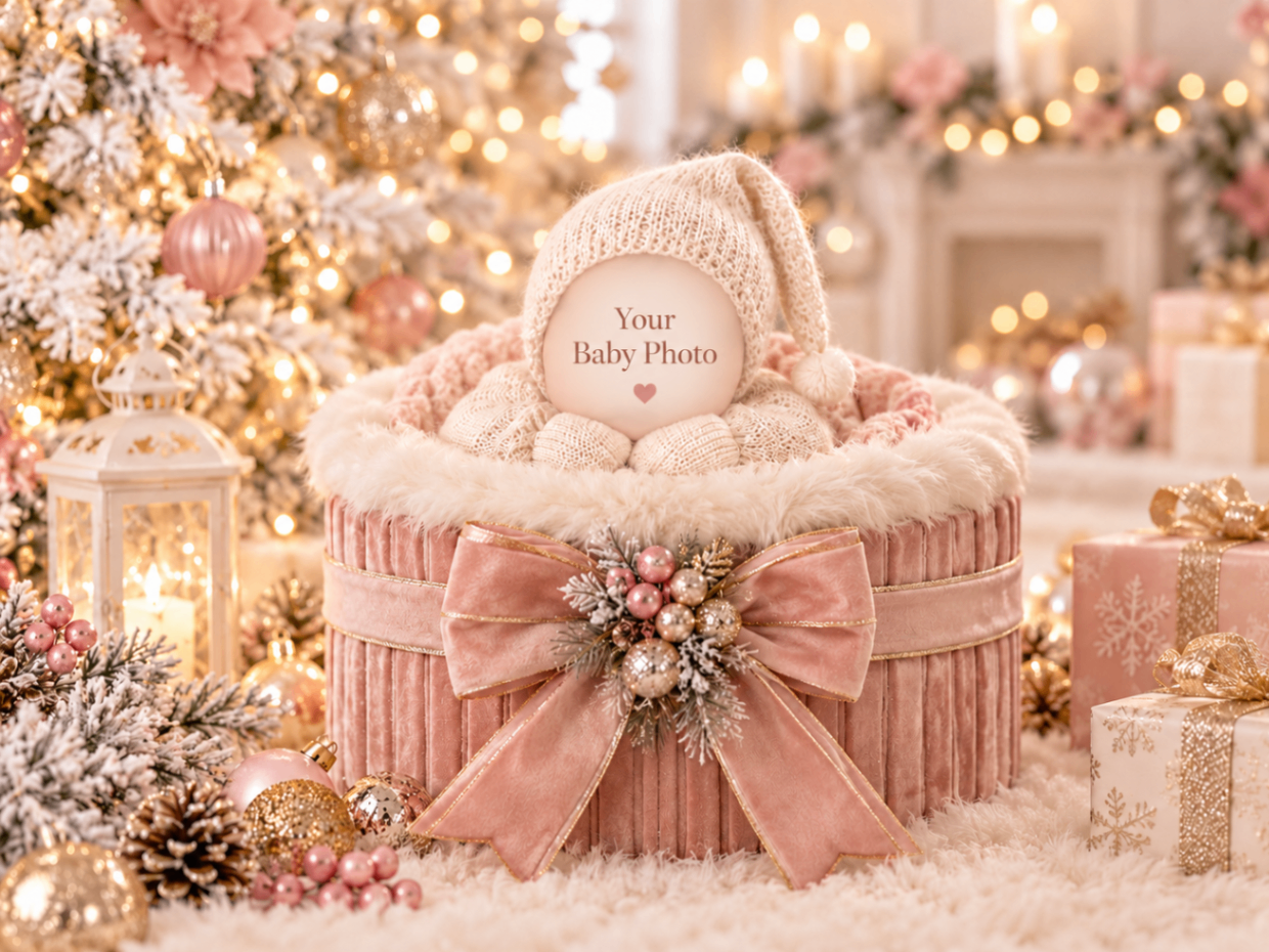 Blush Christmas Box baby portrait template