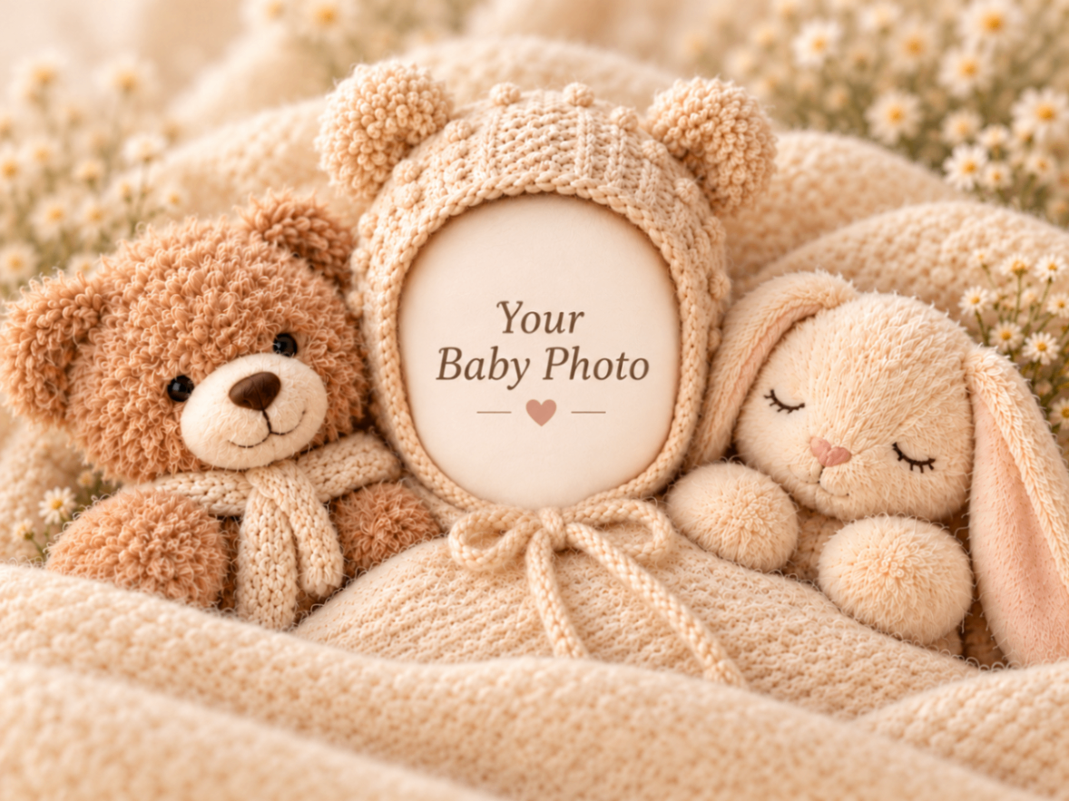 Teddy & Bunny Cream baby portrait template