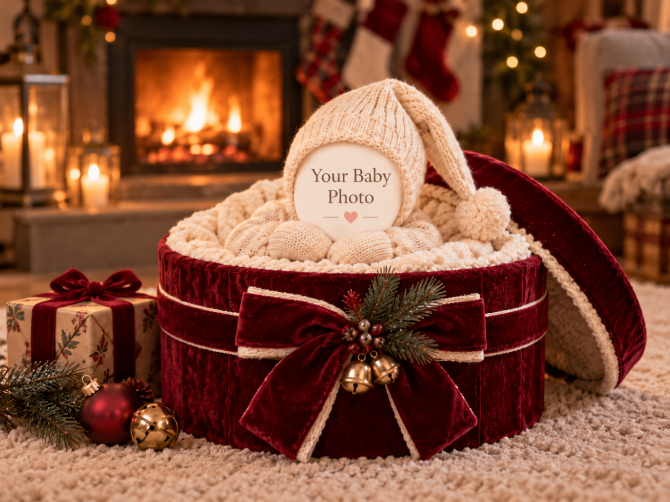 Fireside Christmas Box baby portrait template