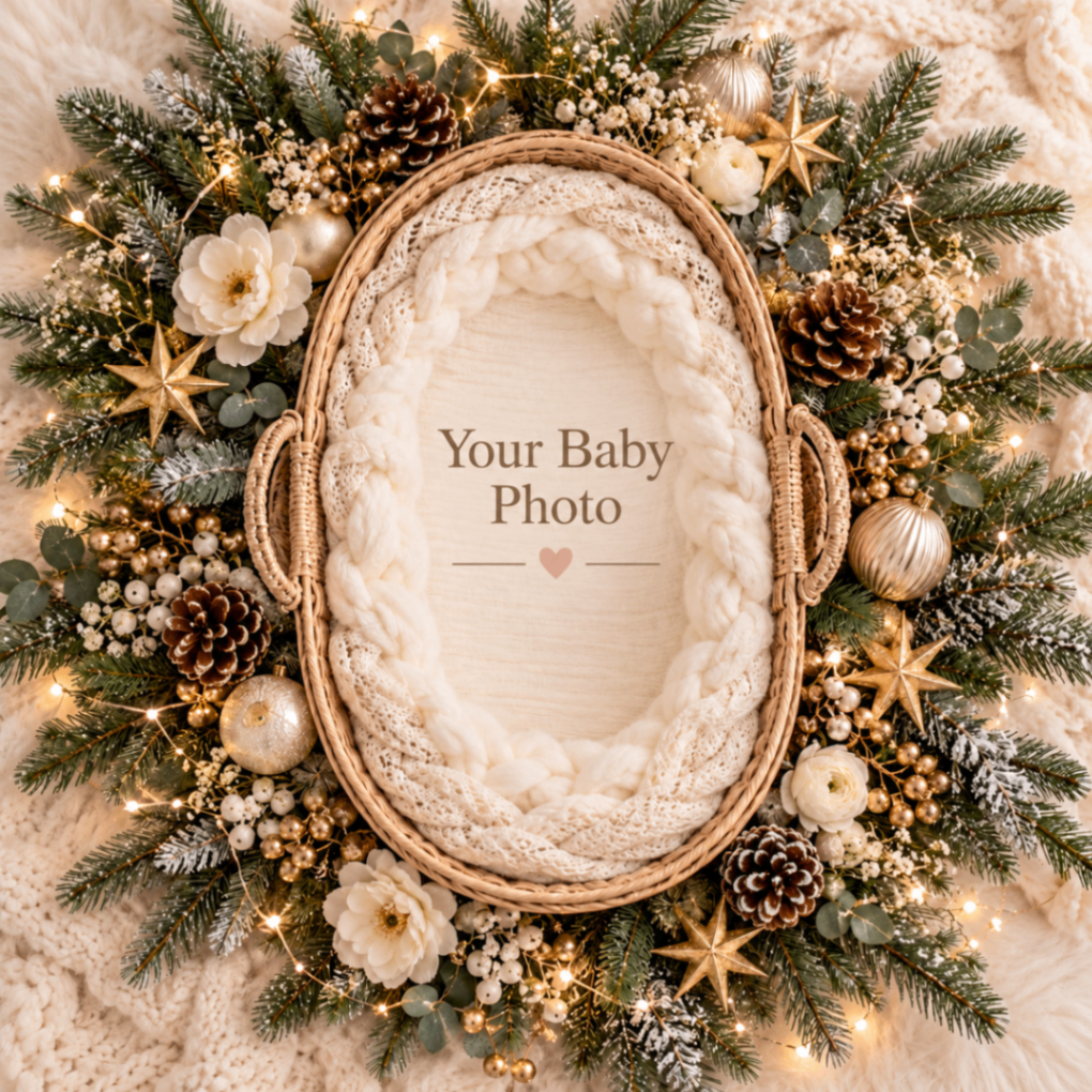 Golden Christmas Basket baby portrait template