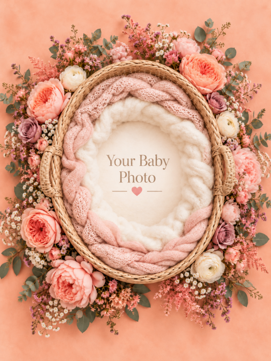Peach Rose Basket baby portrait template