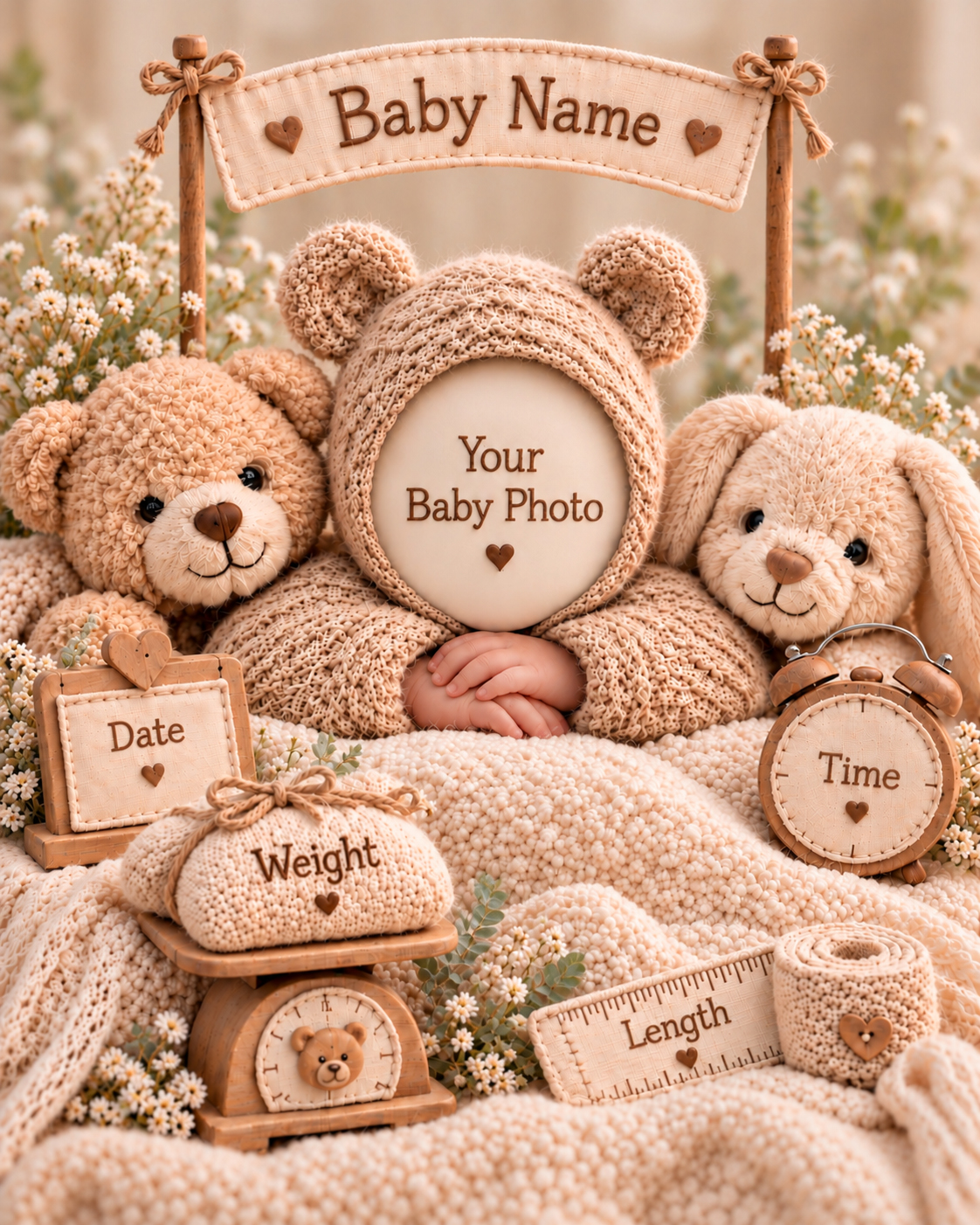 Teddy Birth Stats baby portrait template